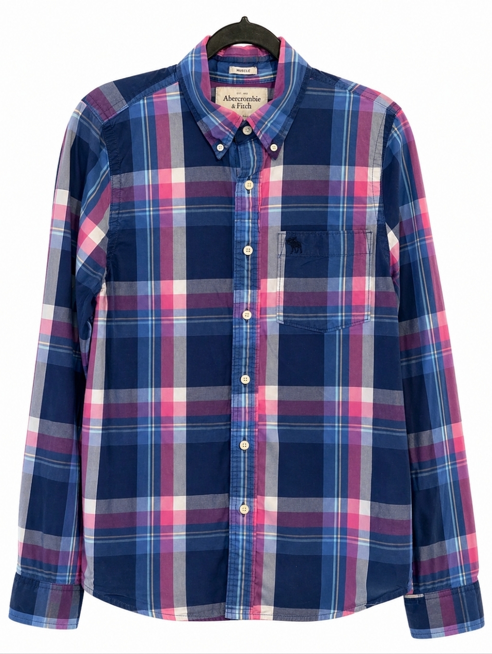 Abercrombie & Fitch Plaid Button-Up Shirt Blue Pink XL Muscle Fit - Picture 2 of 9